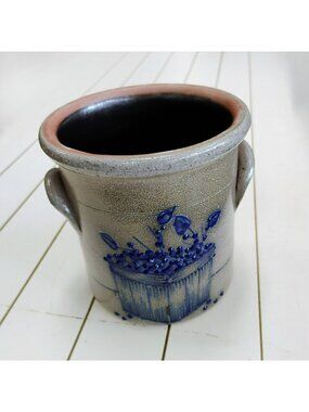 Vintage Salmon Falls Stoneware Pottery Crock Blueberry Basket, 5" Utensil Holder